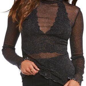Free People Black Sparkle Turtleneck Blouse sheer mesh sz Small